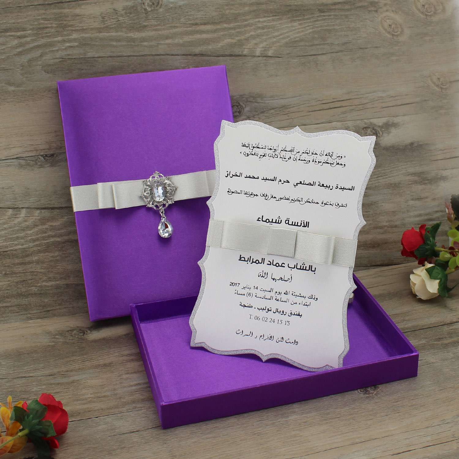 Purple Silk Box Wedding Invitation Card with Ribbon Bow Customized